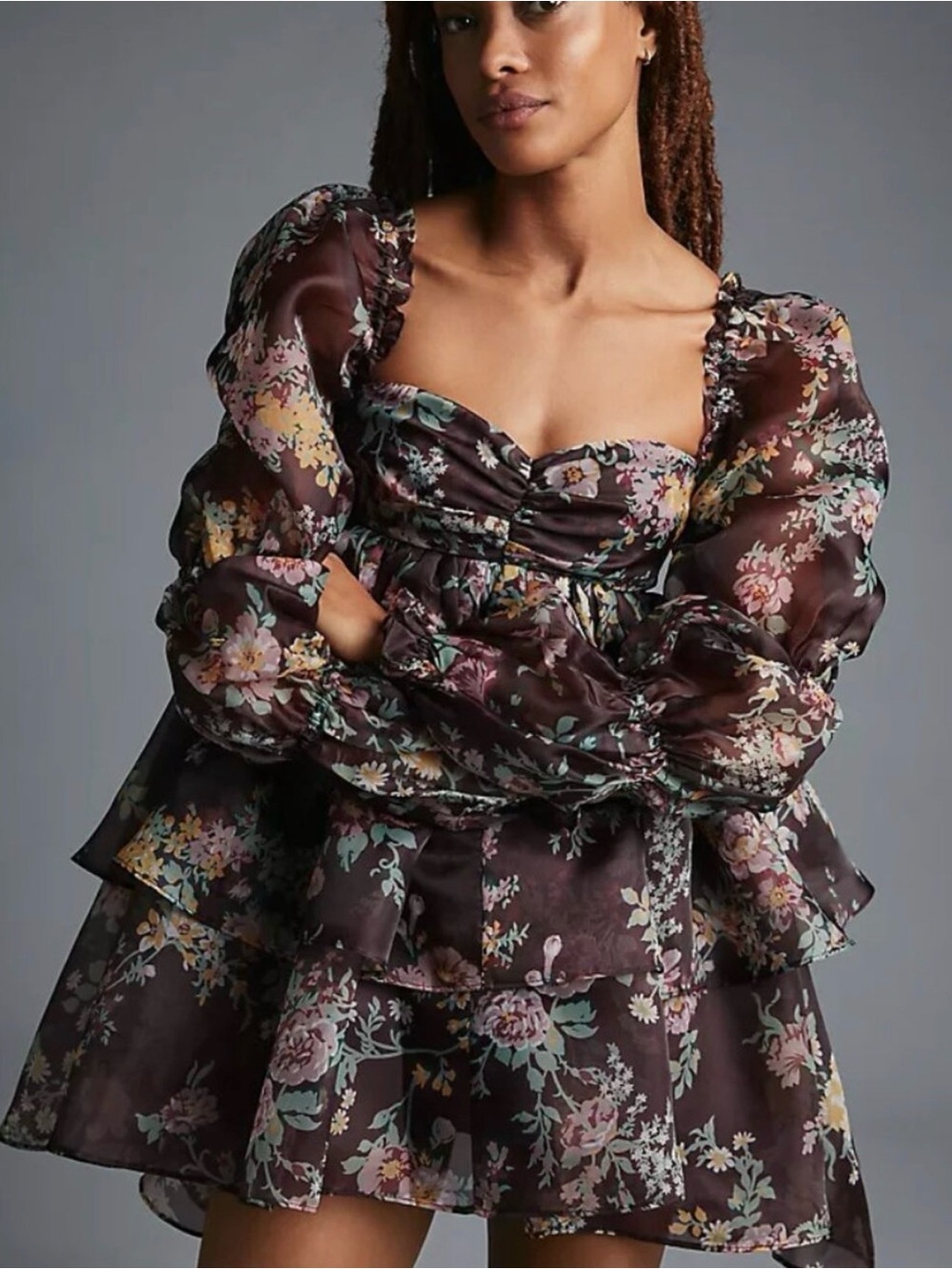 Selkie Plum Floral Puff-Sleeve Mini Dress